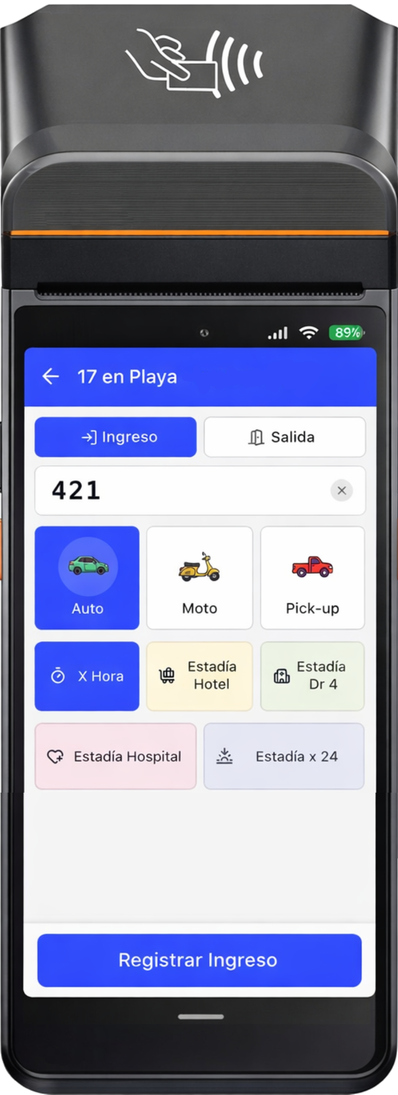 Parqueo en terminal POS registrando ingresos