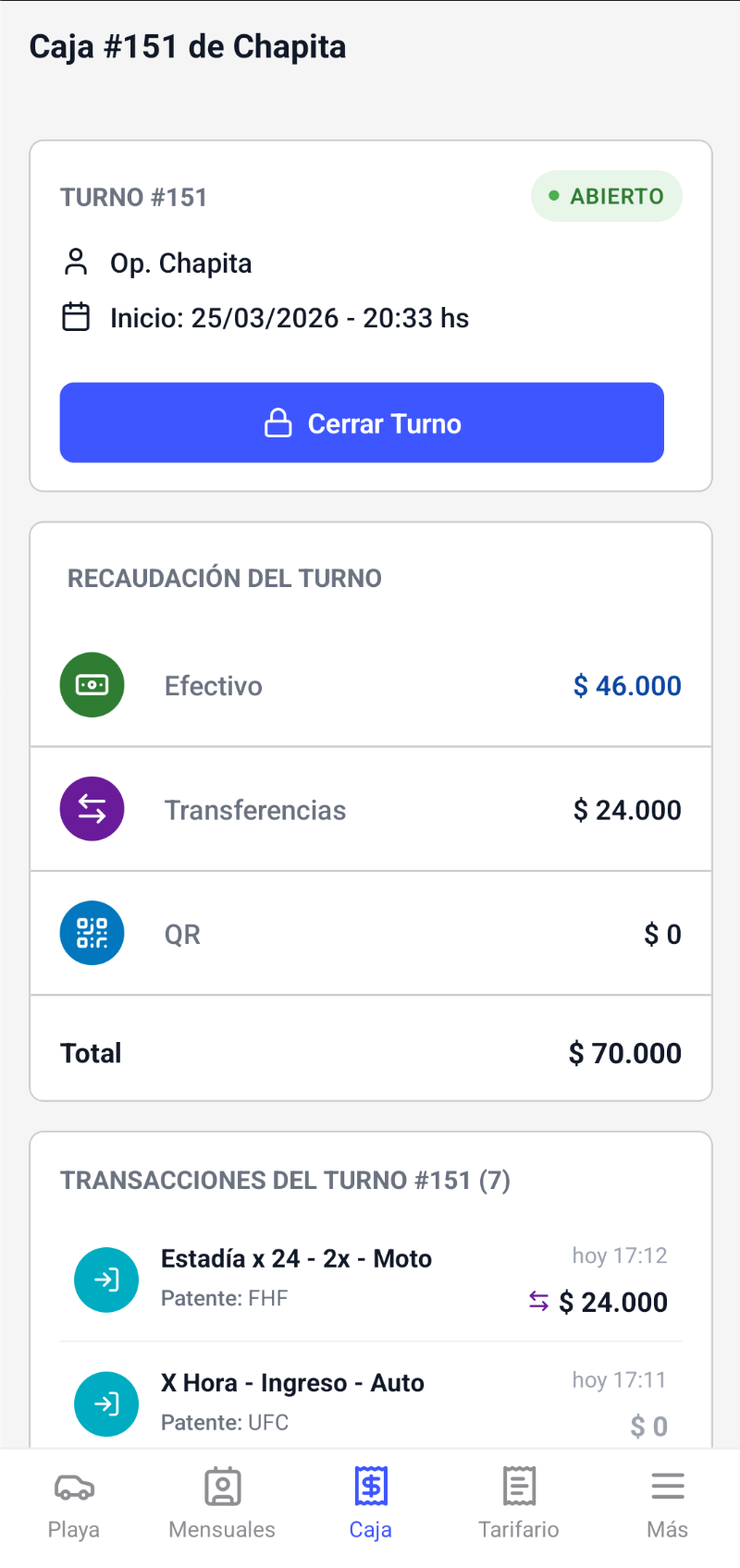 Pantalla de Caja de Parqueo