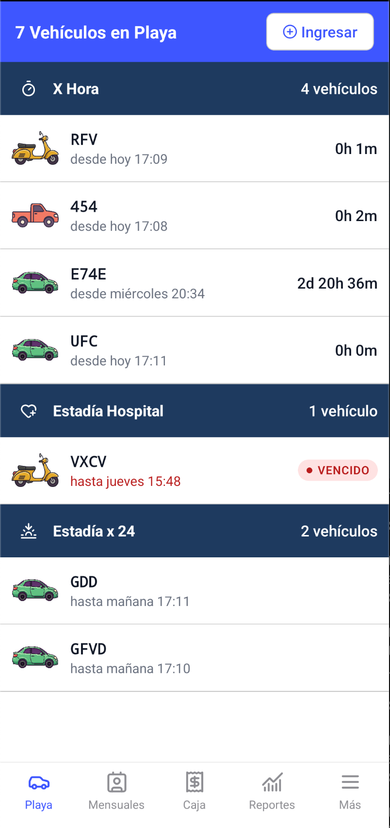 Lista de vehículos en Parqueo